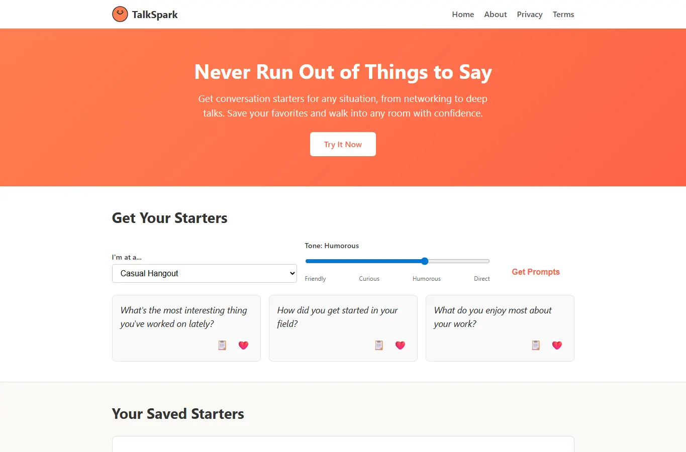 Screenshot of TalkSpark: Conversation Starter Generator interface showing the project page in use